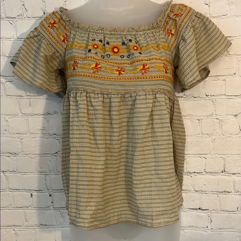 Altar’d State Baby Doll Style Embroidered Striped Women's Top